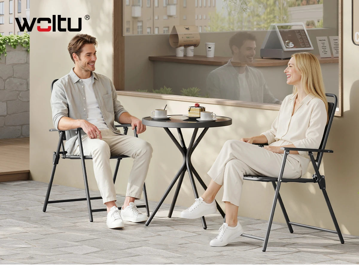 Luxe 3-delige BukkitBow bistroset met glazen tafel en klapstoelen, geschikt voor buitengebruik, elegant en modern ontwerp