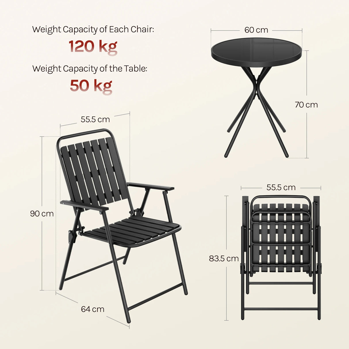 Luxe BukkitBow 3-delige bistroset met glazen tafel en klapstoelen, ideaal voor buitengebruik, stijlvolle tuinmeubelset.