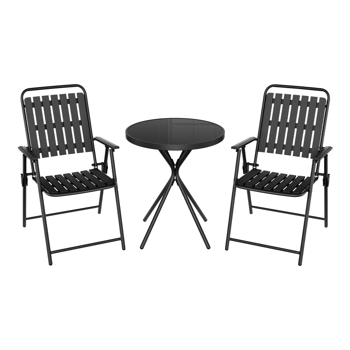 Luxe BukkitBow 3-delige bistroset met glazen tafel en klapstoelen voor buitengebruik, modern design en comfortabele zitplaatsen