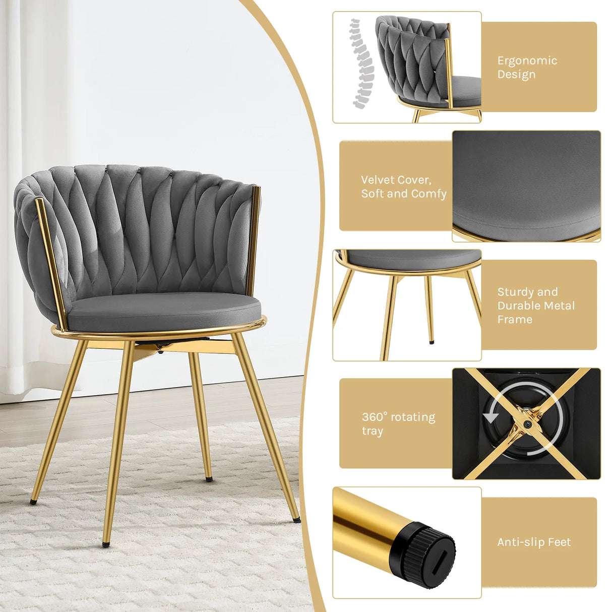 Set van 2 moderne BukkitBow luxe draaibare velvet eetkamerstoelen met rugleuning en metalen poten, elegant en comfortabel.