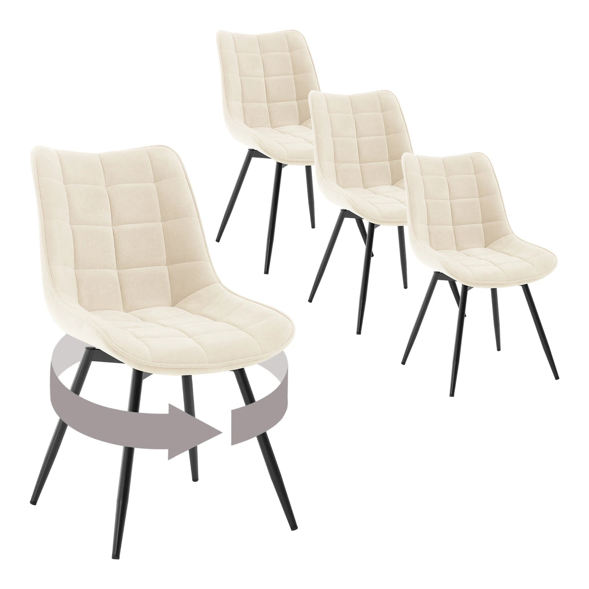 Set van 4 moderne BukkitBow luxe draaibare velvet eetkamerstoelen met gestikte details en houten poten, elegant en comfortabel.