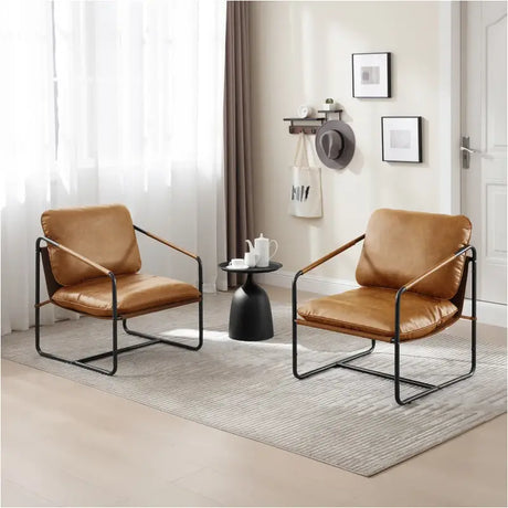 Luxe BukkitBow fauteuil met faux leer en metalen frame, afmetingen 65x80x75cm, elegant design.
