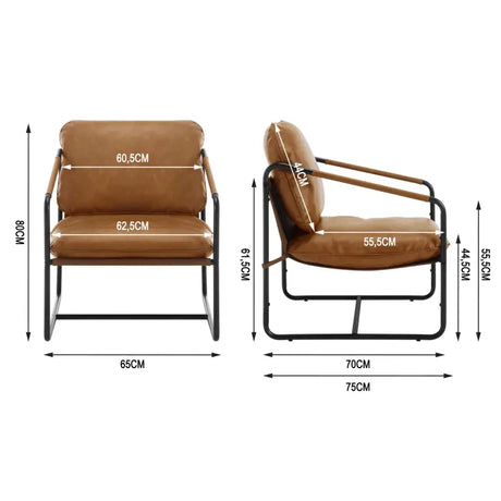 Luxe BukkitBow Fauteuil met faux leer en metalen frame, afmetingen 65x80x75cm, modern design en comfortabele zitting.