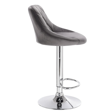 Luxe BukkitBow barkruk met chroom onderstel, verstelbaar en draaibaar, met zachte zitting en moderne uitstraling.