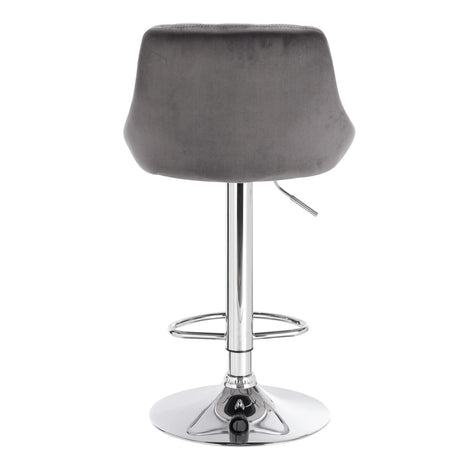 Luxe BukkitBow barkruk met chroom onderstel, verstelbaar en draaibaar, met comfortabel fluvelen zitting, geschikt voor bar of keuken.