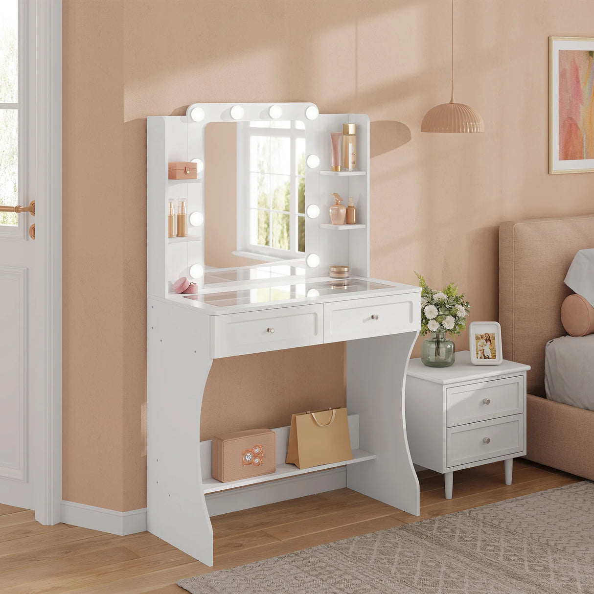 Luxe witte BukkitBow kaptafel met glazen werkblad, LED-spiegel en moderne uitstraling, perfect voor een stijlvolle slaapkamer of badkamer.