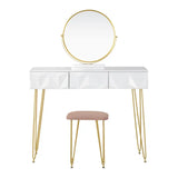 Luxe BukkitBow kaptafel met ronde spiegel, gouden poten, kruk en drie lades, 360 graden draaibare spiegel, elegant en functioneel.