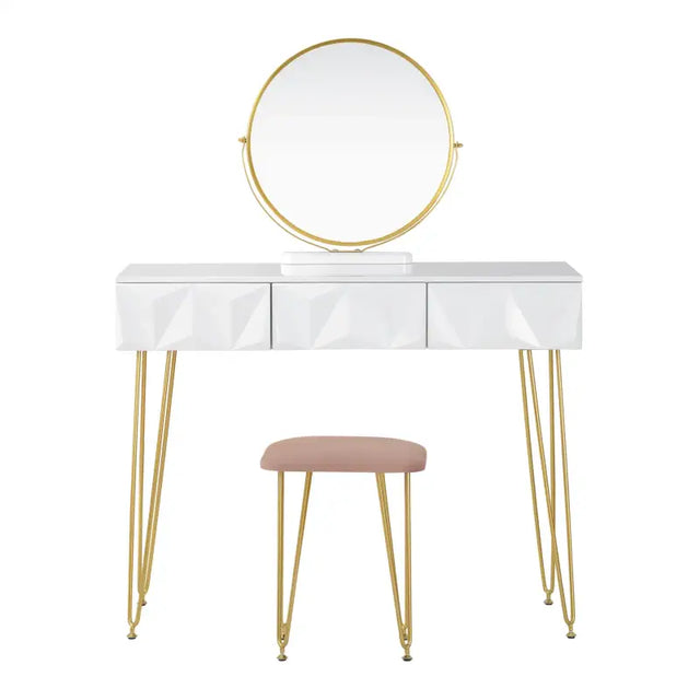 Luxe BukkitBow kaptafel met ronde spiegel, gouden poten, kruk en drie lades, 360 graden draaibare spiegel, elegant en functioneel.