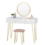 Luxe BukkitBow kaptafel met ronde spiegel, gouden poten, kruk en drie lades, 360 graden draaibare spiegel, elegant en modern design.