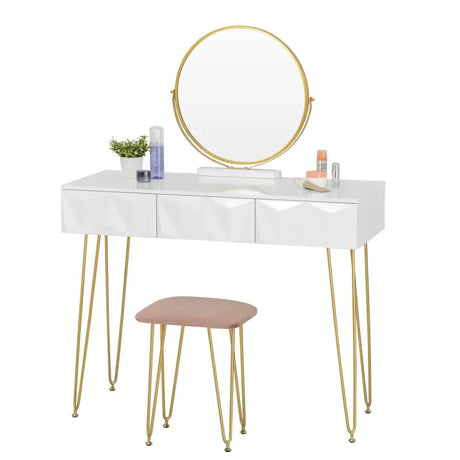 Luxe BukkitBow kaptafel met ronde spiegel, gouden poten, kruk en drie lades, 360 graden draaibare spiegel, elegant en modern design.