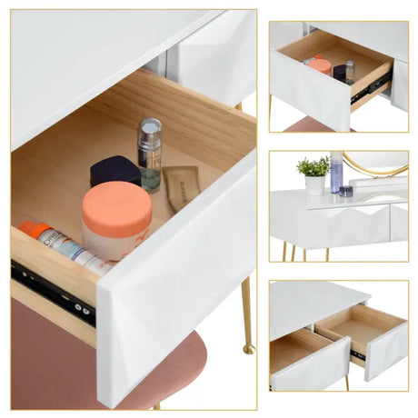 Luxe BukkitBow kaptafel met ronde spiegel, gouden poten, kruk en drie lades, 360 graden draaibare spiegel, elegant en functioneel