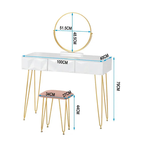 Luxe BukkitBow kaptafel met gouden poten, draaibare spiegel, kruk en drie lades voor stijlvolle make-up en grooming.