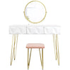 Luxe BukkitBow kaptafel met ronde spiegel, gouden poten, kruk en drie lades voor stijlvolle opbergruimte en make-up.