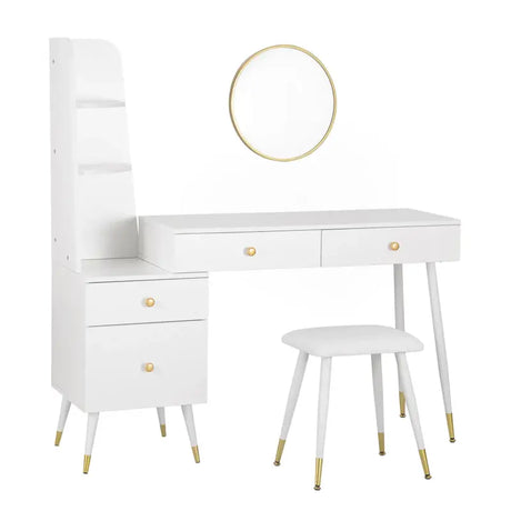 Luxe BukkitBow kaptafel met ronde spiegel, kruk en opbergkast met gouden poten, elegant meubel voor in de slaapkamer of garderobe.