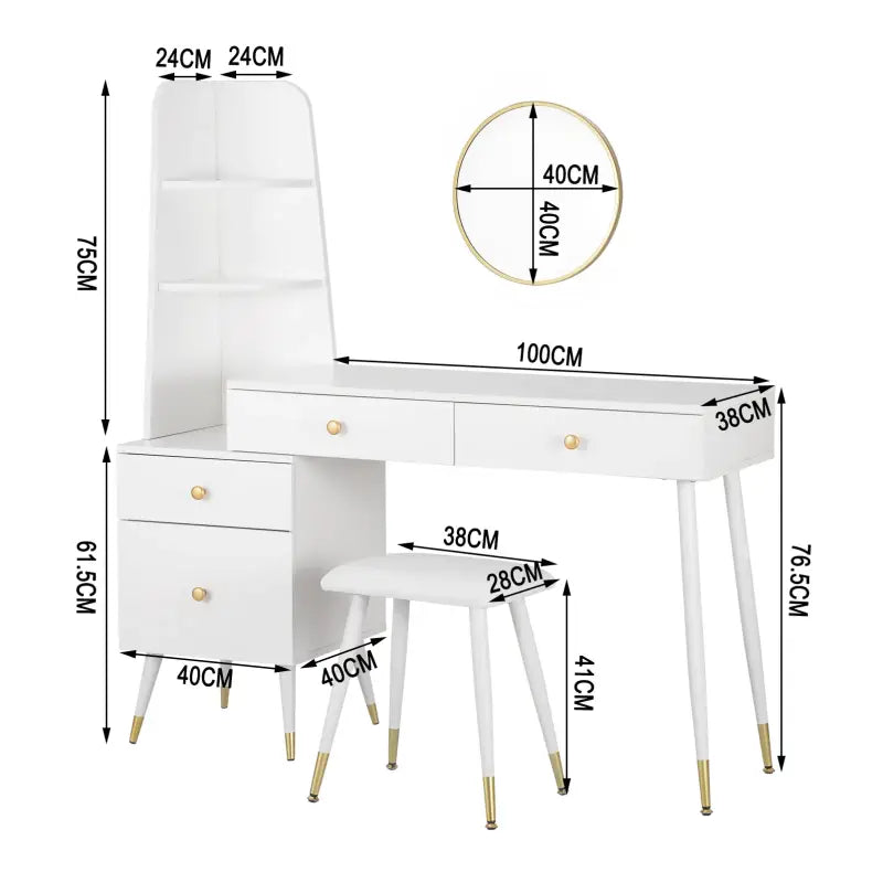 Luxe BukkitBow kaptafel met ronde spiegel, kruk en opbergkast met gouden poten, elegant meubel voor de slaapkamer of kleedkamer