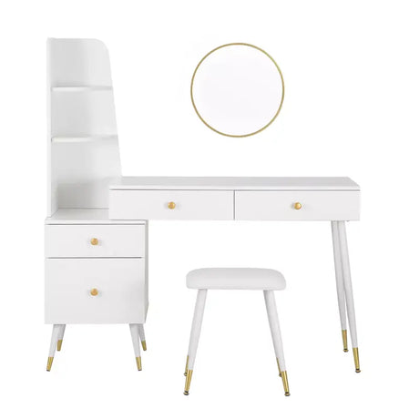 Luxe BukkitBow kaptafel met ronde spiegel, gouden poten, opbergkast en bijpassende kruk in een elegante slaapkamer setting.