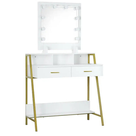 Luxe BukkitBow kaptafel met LED-spiegel, opbergruimte en 2 lades, elegant meubel voor make-up en sieraden.