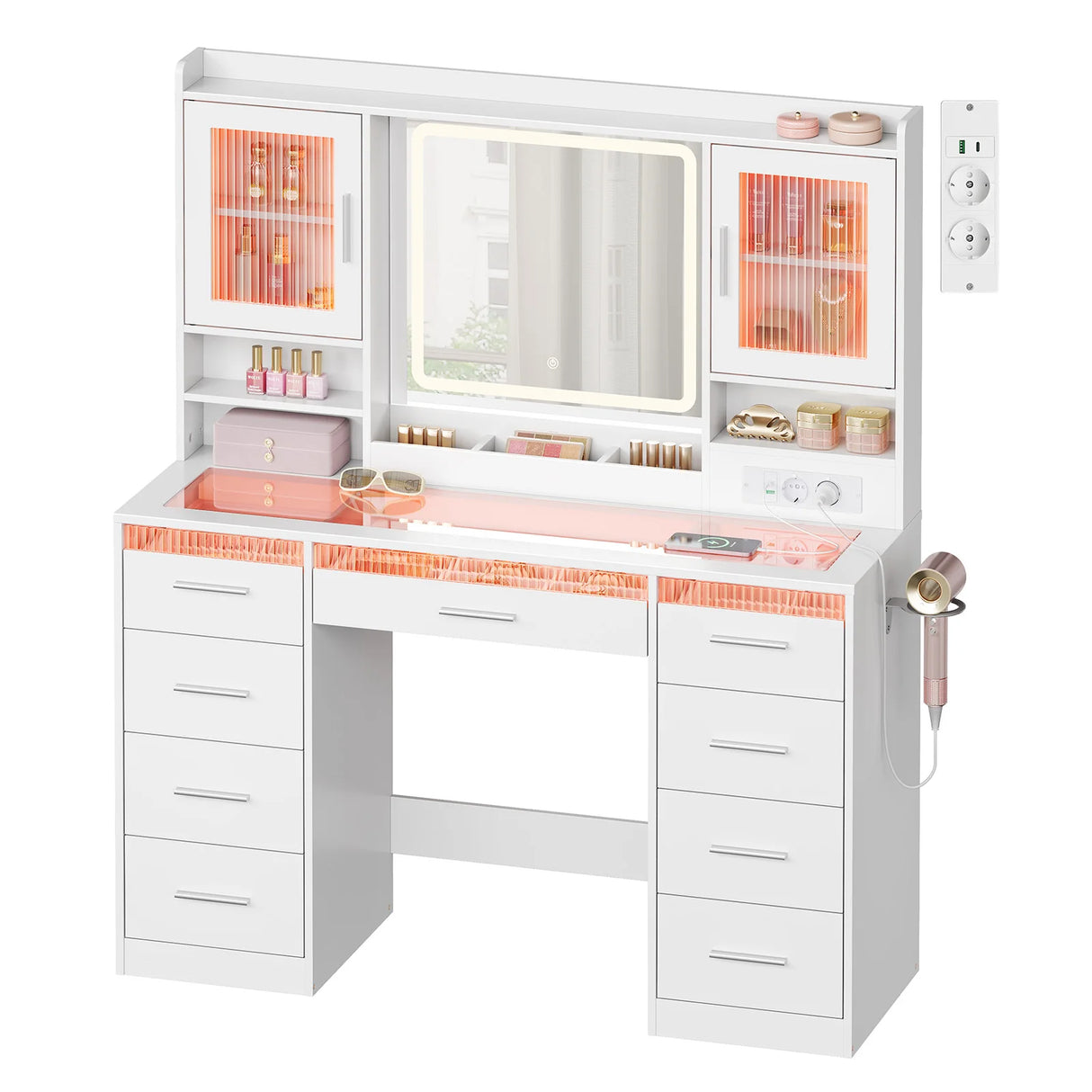 Luxe BukkitBow kaptafel met glazen blad, RGB-verlichting en negen laden, geschikt voor stijlvolle slaapkamers of kleedkamers.