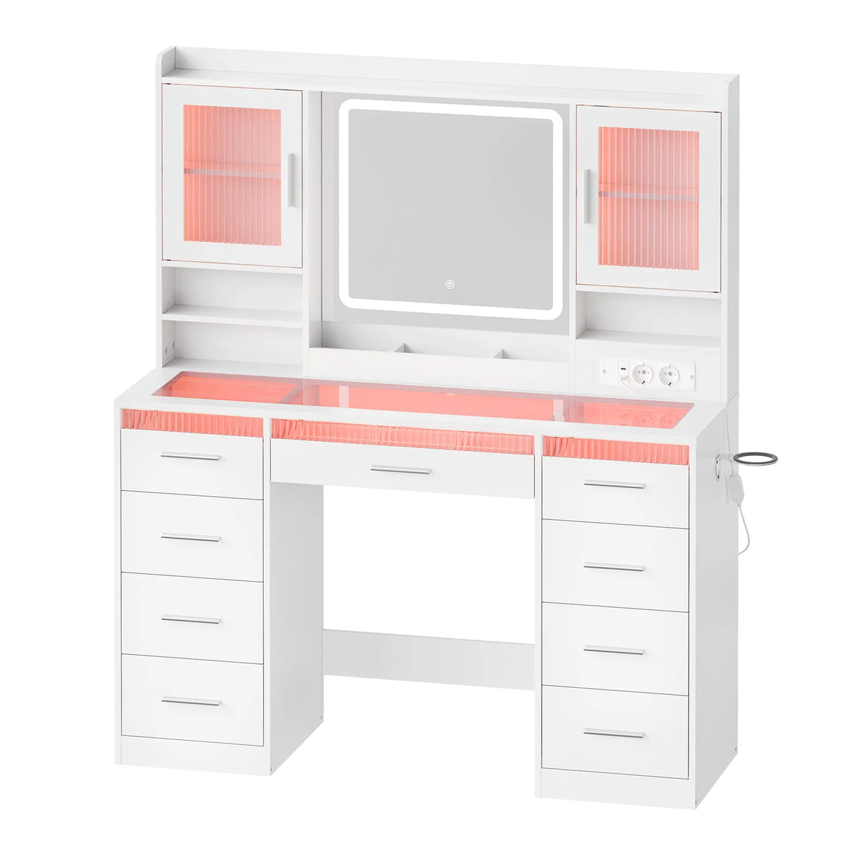 Luxe BukkitBow kaptafel met glazen blad, RGB-verlichting en negen laden voor stijlvolle opbergruimte.