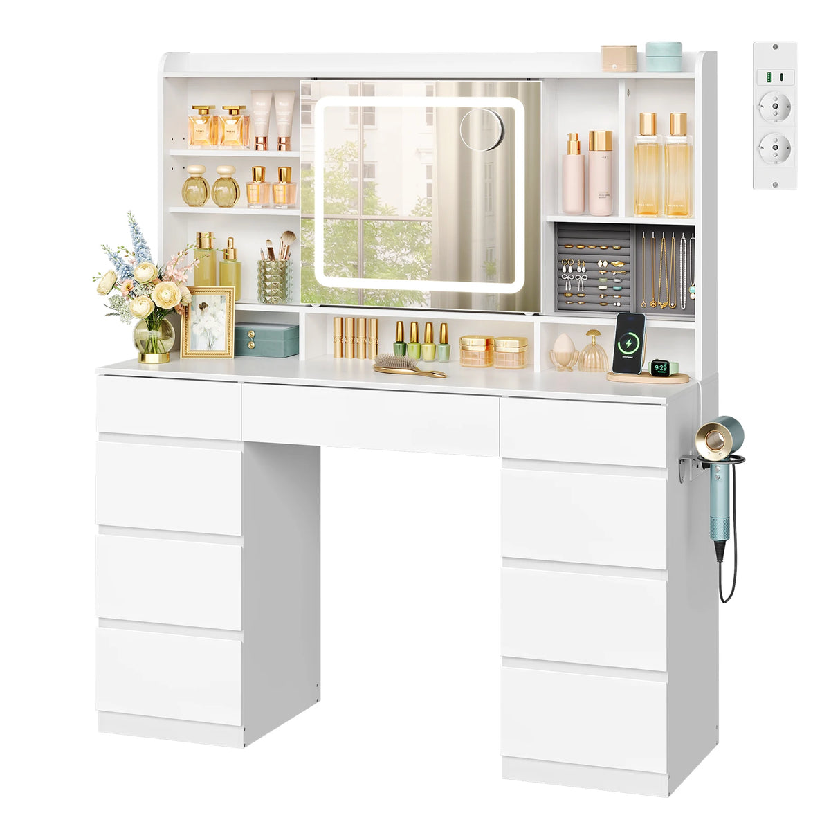 Luxe BukkitBow kaptafel met schuifspiegel, negen laden, stopcontact en USB-poort, moderne houten meubel voor make-up en accessoires