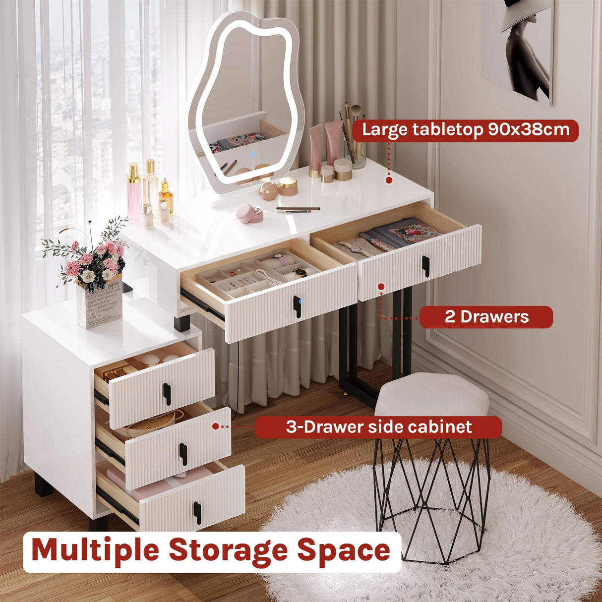 Witte luxe kaptafel van BukkitBow met wolk-spiegel en vijf laden in metaal, elegante en functionele design voor slaapkamer of kleedkamer.