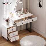 Luxe BukkitBow kaptafel met witte afwerking, vijf laden en wolkvormige spiegel, gecombineerd met metalen frame.