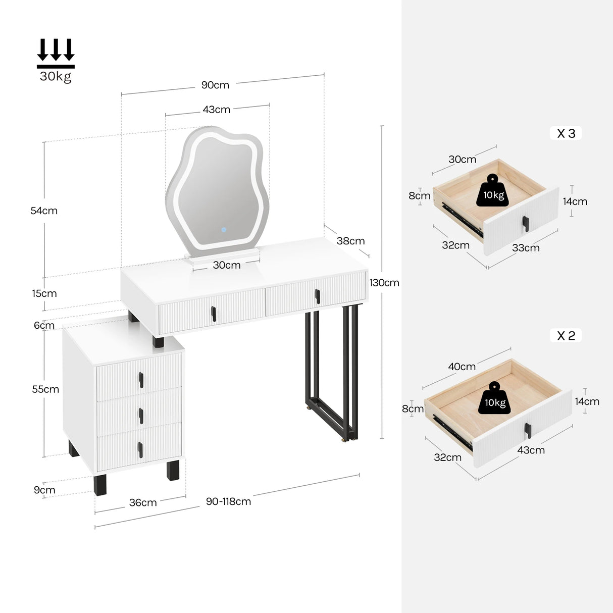 Luxe BukkitBow kaptafel met wolk-spiegel en 5 laden, wit en metalen frame, elegante opbergmeubel voor slaapkamer of entree.