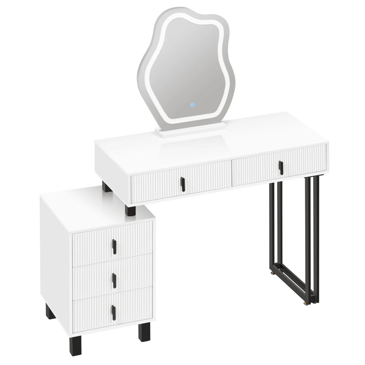 Luxe BukkitBow kaptafel met wolk-spiegel en vijf laden, wit met metalen frame, stijlvolle en functionele meubelstuk.