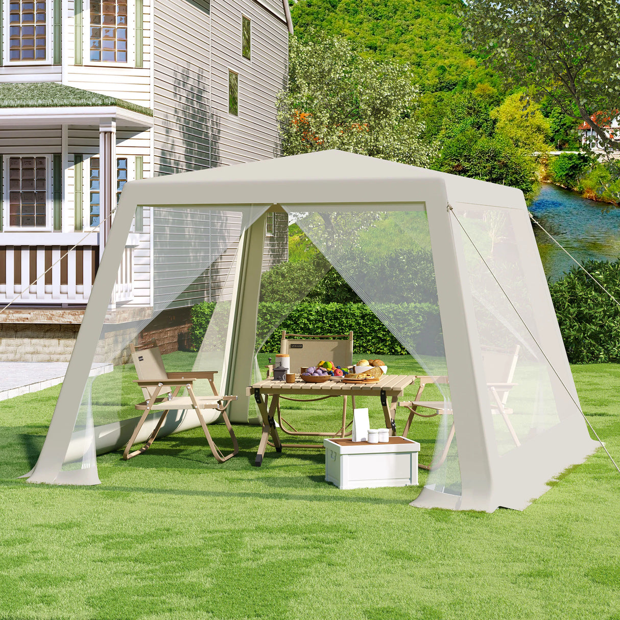 Luxe BukkitBow partytent 3x3m met muggennet en UV-bescherming, geschikt voor buitenevenementen en feesten.