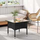 Luxe BukkitBow polyrattan bijzettafel met gehard glas, weerbestendige buiten tafel voor in de tuin of op het terras.
