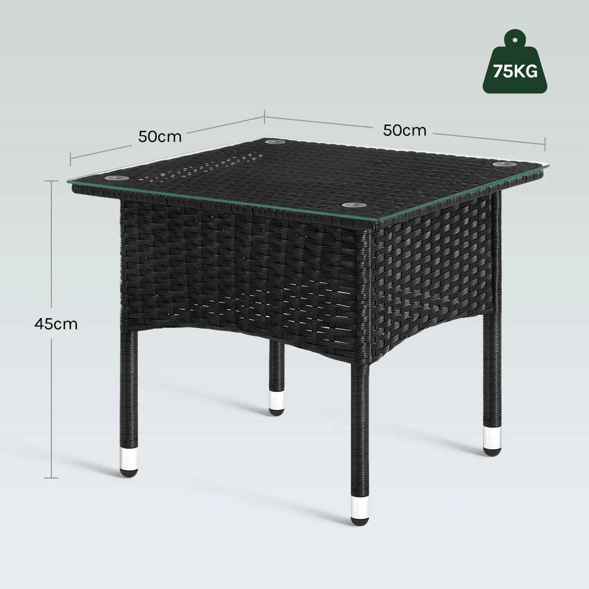 Luxe BukkitBow polyrattan bijzettafel met gehard glazen blad, weerbestendig voor buitengebruik.
