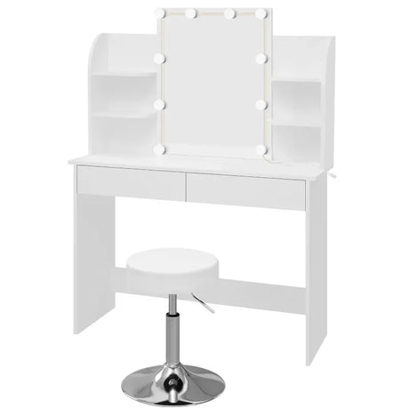 Luxe BukkitBow kaptafel met verlichte LED-spiegel, kruk, lade en opbergplanken voor make-up, afmetingen 108x40x142 cm.