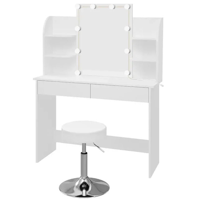 Luxe BukkitBow kaptafel met verlichte LED-spiegel, kruk, lade en opbergplanken voor make-up, afmetingen 108x40x142 cm.