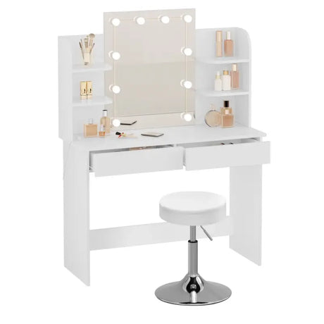 Luxe BukkitBow kaptafel met verlichte LED-spiegel, kruk, lades en opbergplankjes, ideaal voor make-up, afmetingen 108x40x142cm.
