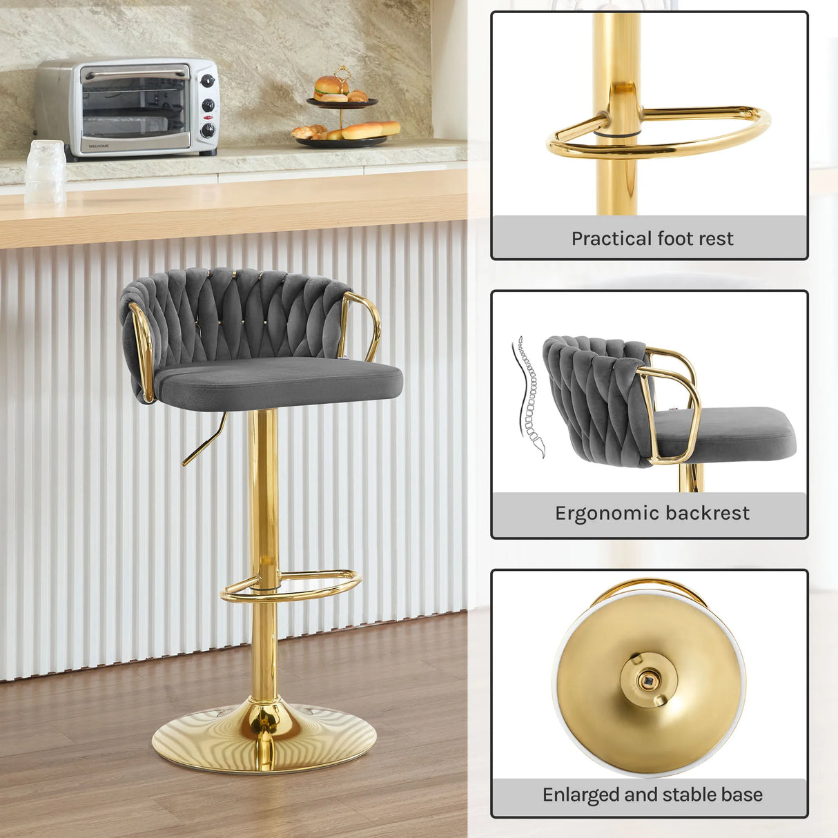 Luxe velvet barkruk van BukkitBow met gevlochten rugleuning en verstelbare hoogte voor een comfortabele zithouding.