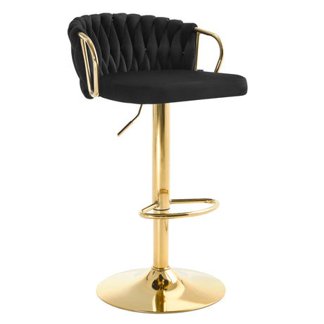 Luxe velvet barkruk van BukkitBow met gevlochten rugleuning, verstelbare hoogte en modern design, geschikt voor eetkamer of bar.