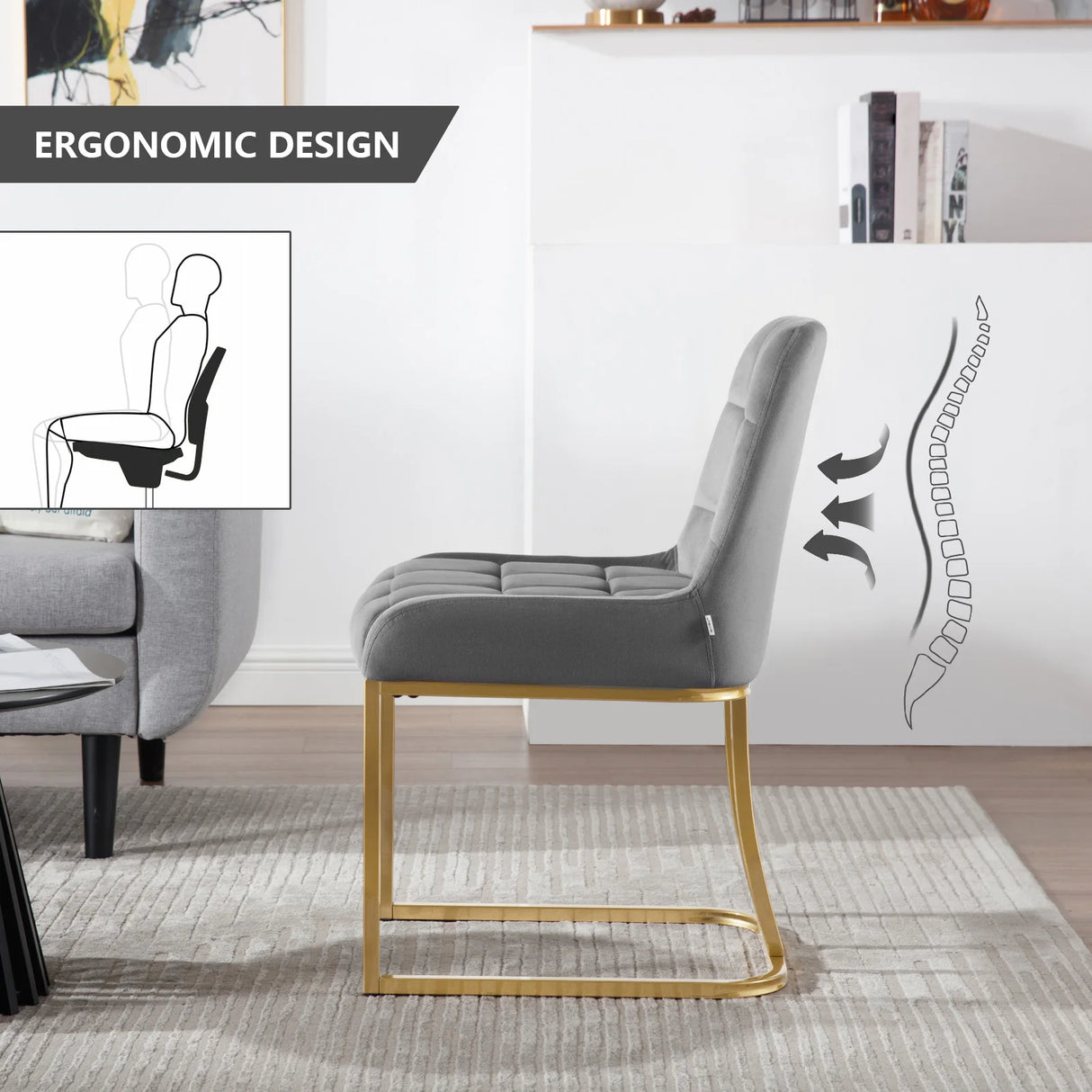 Twee luxe velvet eetkamerstoelen van BukkitBow met gouden frame, elegante design en comfortabele zitting in een modern interieur.