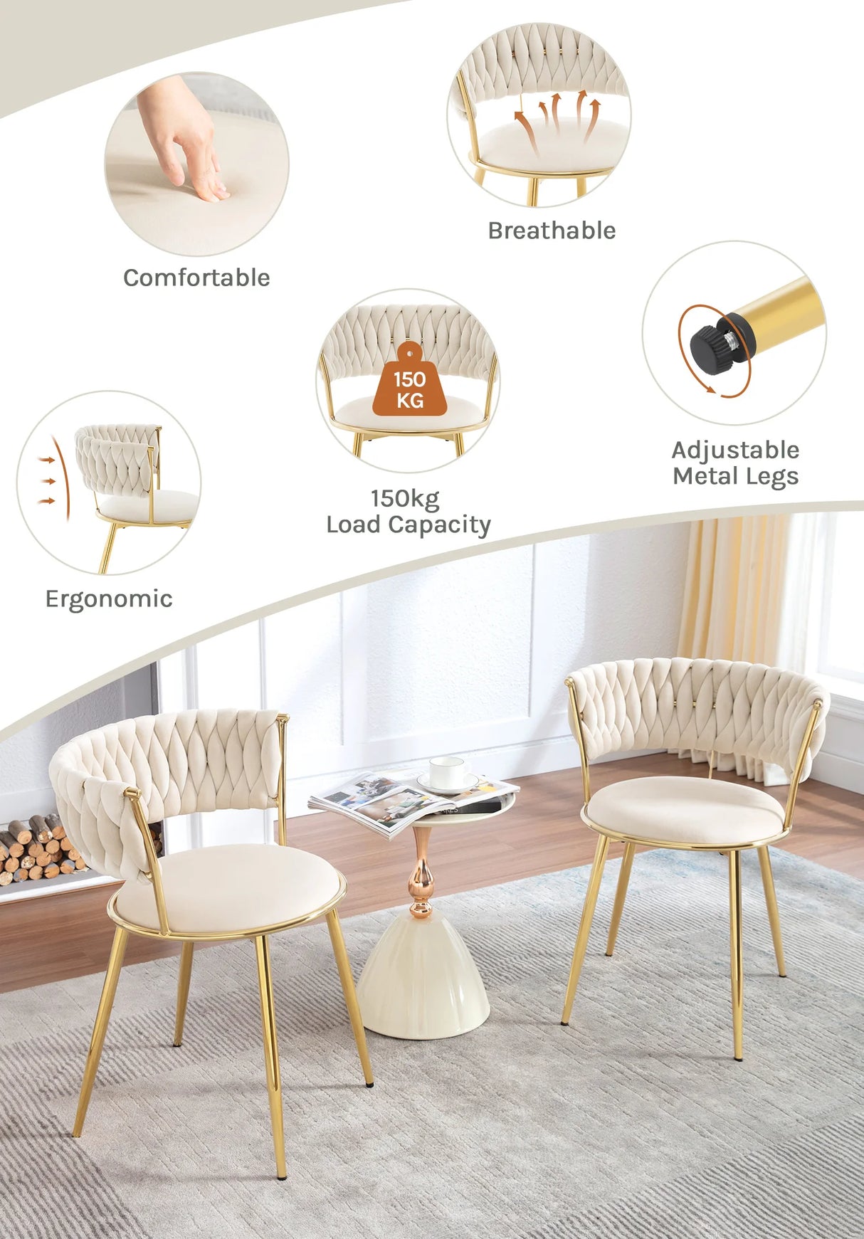 Set van 2 BukkitBow luxe velvet eetkamerstoelen met goudkleurig onderstel en comfortabele zitting.