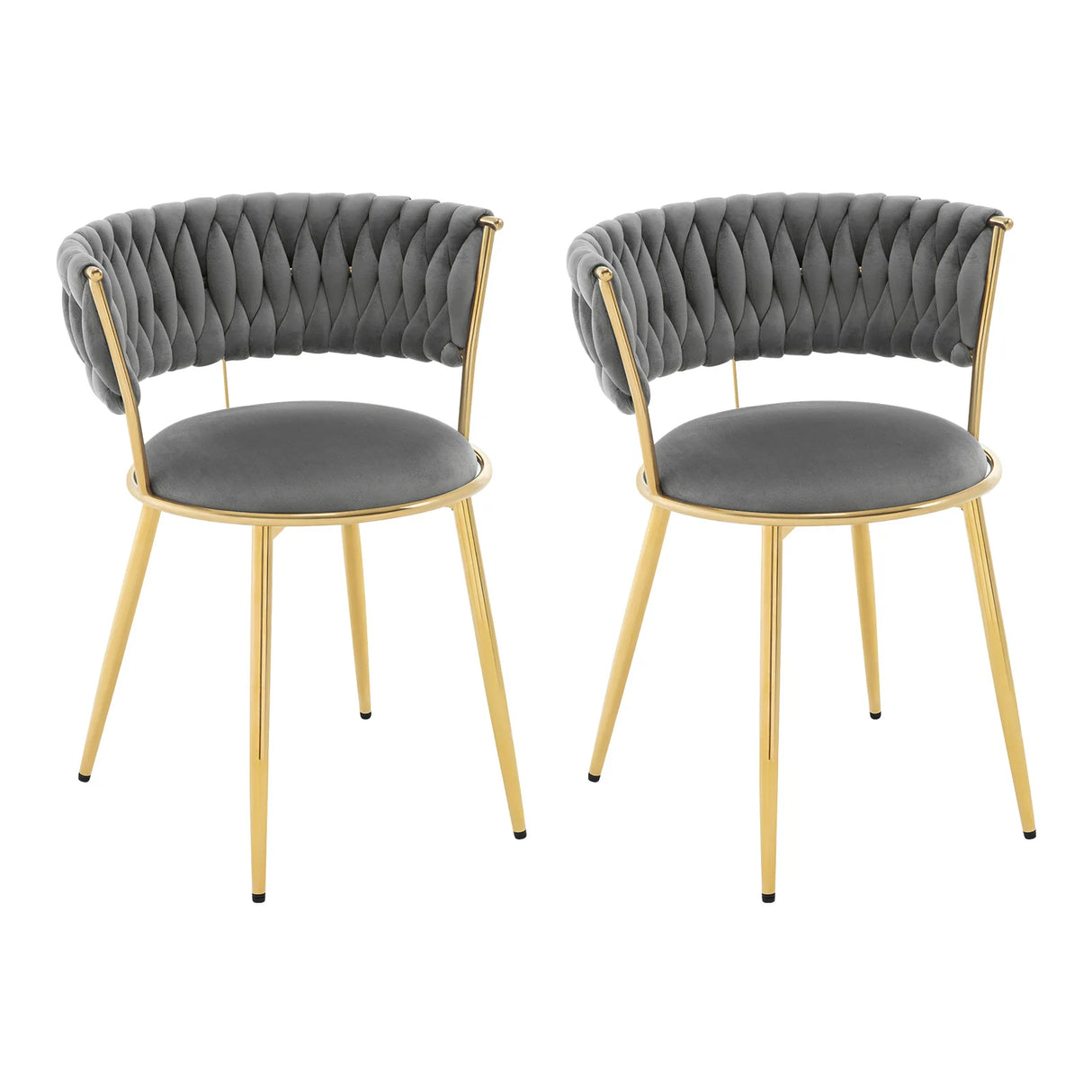 Twee luxe velvet eetkamerstoelen van BukkitBow met goudkleurig onderstel, modern en elegant design.
