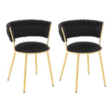 Twee luxe velvet eetkamerstoelen van BukkitBow met gouden onderstellen, modern design en comfortabele zitting.