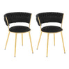 Twee luxe velvet eetkamerstoelen van BukkitBow met gouden onderstellen, modern design en comfortabele zitting.