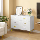 Luxe witte BukkitBow commode met zes laden en gouden details, modern meubel met elegante afwerking.