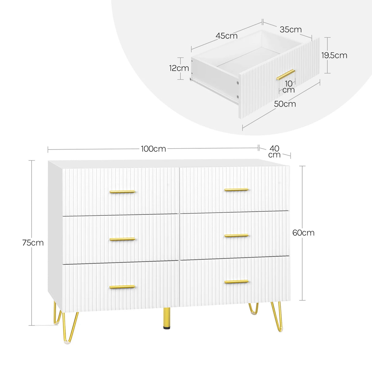 Luxe witte BukkitBow commode met zes laden en gouden details, modern meubel met elegante afwerking en stijlvolle uitstraling