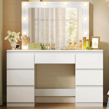 Luxe witte BukkitBow kaptafel met LED-verlichting en zeven laden, modern design voor een stijlvolle slaapkamer of kleedkamer.