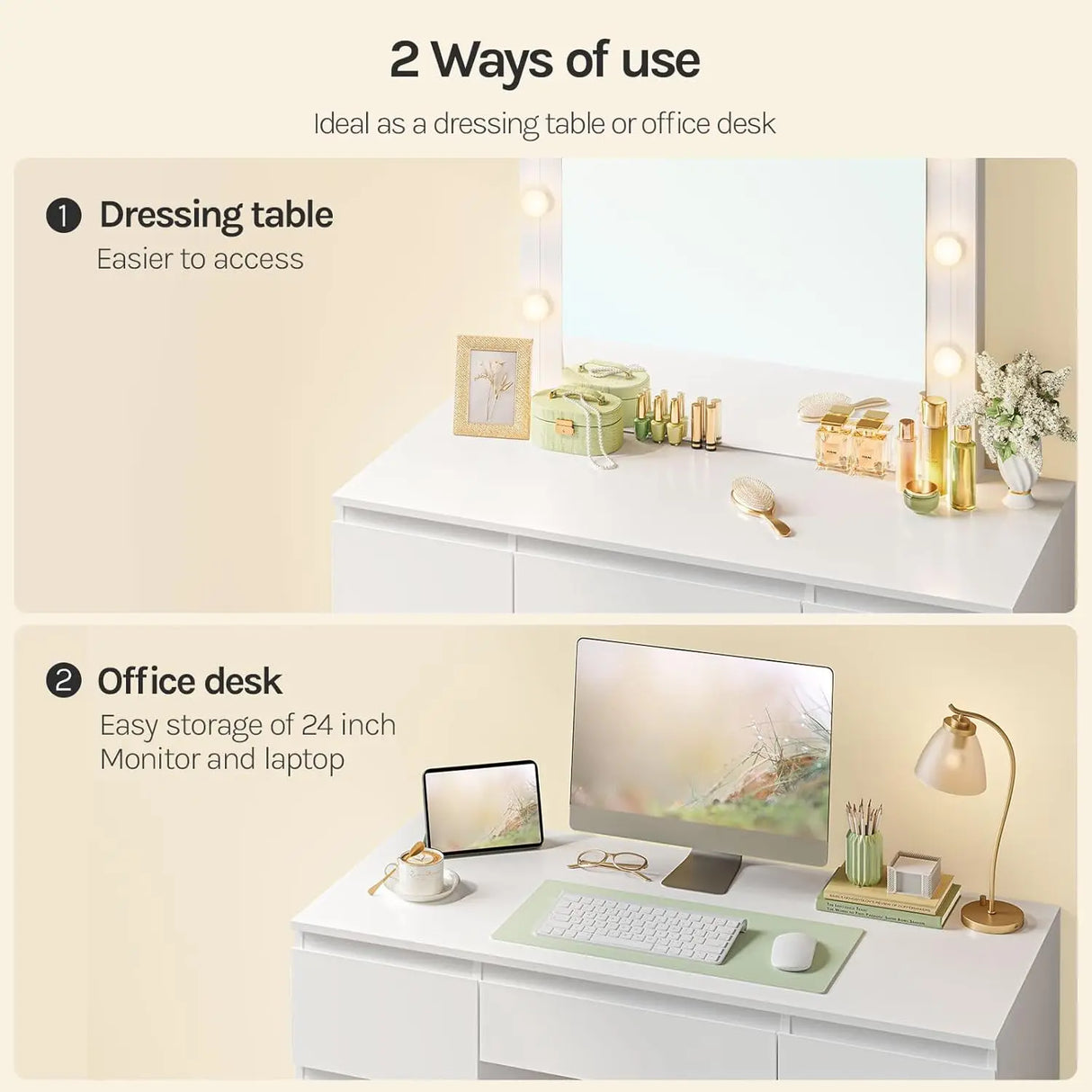Luxe witte kaptafel van BukkitBow met LED-verlichting, zeven laden en modern design, perfect voor stijlvolle slaapkamers.