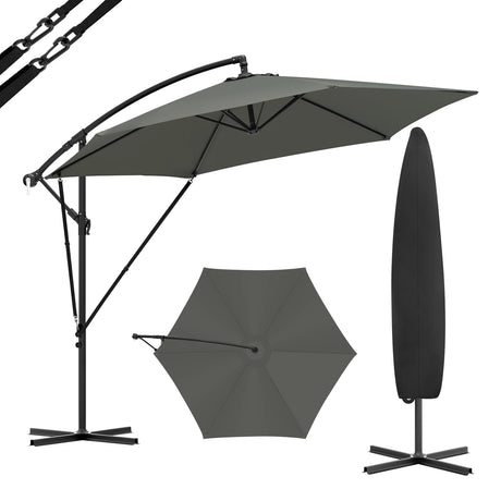 Luxe BukkitBow zwevende parasol van 310cm met slinger en beschermhoes, geschikt voor terras of tuin.