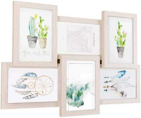 Witte MDF 3D fotolijst collage van BukkitBow met klassiek ontwerp, plaats voor 6 foto's, eiken accenten, stijlvolle wanddecoratie
