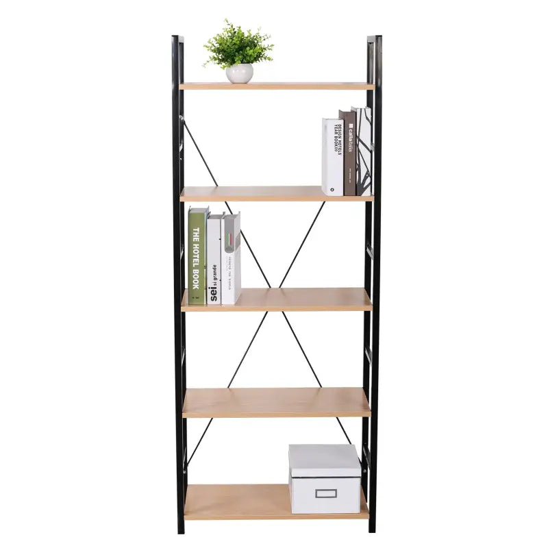 Industriële metalen ladderboekenkast van BukkitBow met 5 planken, afmetingen 28x60x148 cm, voor moderne opslag en decoratie.