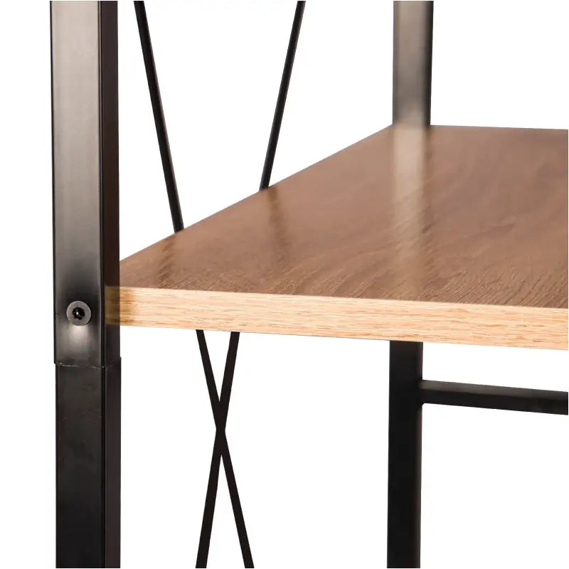 Industriële metalen boekenkast BukkitBow in laddervorm met 5 planken, afmetingen 28x60x148 cm, zwart en robuust design.