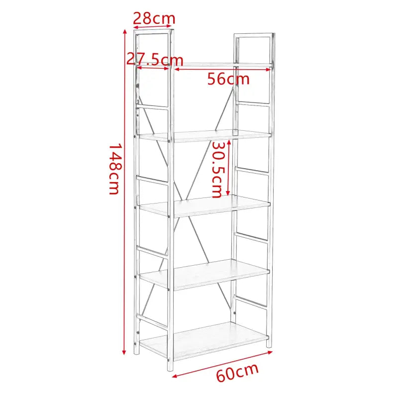 Metalen industriële ladderboekenkast van BukkitBow met 5 planken, afmetingen 28x60x148 cm, stoer en functioneel design